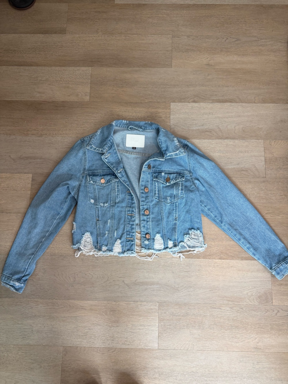 BBJ Light Blue Distressed Denim Jacket with Frayed Hem - M - 100% Cotton